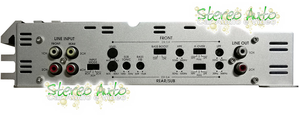 Amplificatore per auto da 4/3/2 canali stereo, modello Soundstream XTA 480.4 per altoparlanti e subwoofer, con filtri completi e finale Mos-Fet pwm, seconda immagine grande e dettagliata.