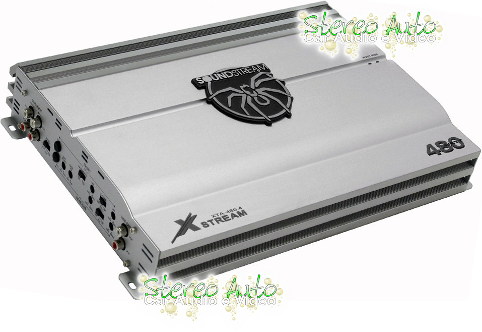 Amplificatore per auto da 4/3/2 canali stereo, modello Soundstream XTA 480.4 per altoparlanti e subwoofer, con filtri completi e finale Mos-Fet pwm, immagine grande e dettagliata.