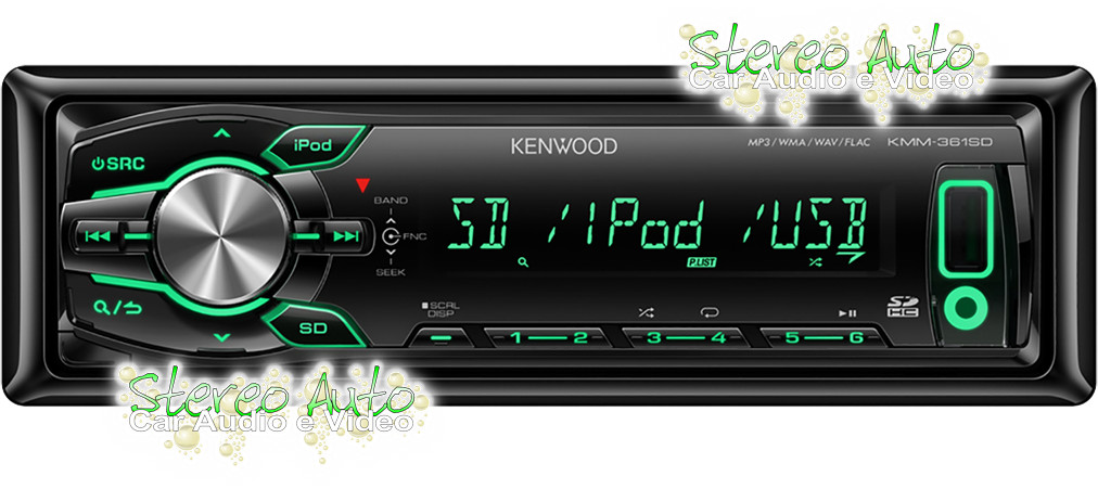 Autoradio con Porta USB, Lettore di schede SD e Ingresso audio Aux-In, Stereo per Auto 1 din, Uscite Pre-Out RCA, Colori Modificabili, Kenwood KMM-361SD, terza immagine grande e dettagliata.