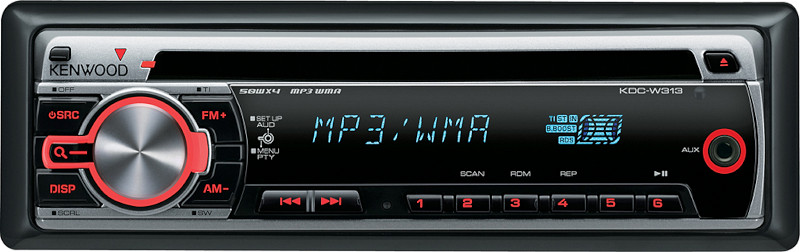 Autoradio 1 din, lettore cd, ingresso audio aux-in, uscite pre-out rca, illuminazione tasti colore rosso, modello Kenwood KDC-W313A. Vista frontalino accesa.