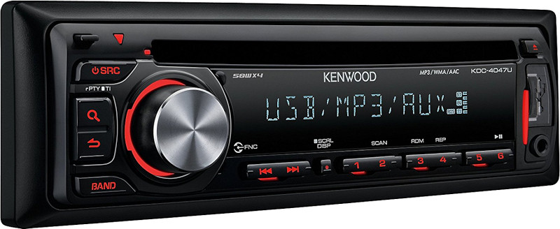Autoradio 1 din, lettore cd, porta usb, ingresso audio aux-in, uscite pre-out rca, illuminazione tasti colore rosso, modello Kenwood KDC-4047U. Vista frontalino accesa.