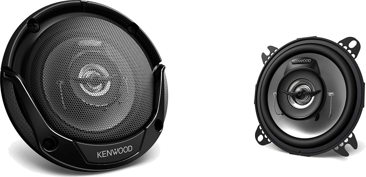 Altoparlanti per auto da 10 cm, modello Kenwood KFC-E1065, casse coassiali a 2 vie, con woofer diametro 100 mm (4 pollici) e tweeter, per installazione nella predisposizione delle portiere oppure sul cruscotto. Vista principale.