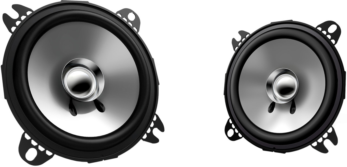 Altoparlanti per auto da 10 cm, modello Kenwood KFC-E1055, casse doppio cono ad 1 via (monovia), con woofer diametro 100 mm (4 pollici) per installazione nella predisposizione delle portiere oppure sul cruscotto. Vista principale.