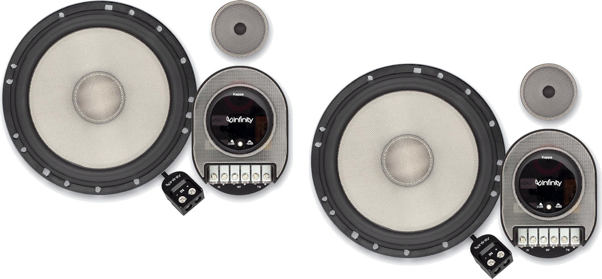 Altoparlanti per auto da 165 mm, kit 2 vie a componenti separati, modello Infinity KAPPA 65.9cs, con woofer diametro 16,5 cm (6.5 pollici), tweeter e filtri crossover, per installazione nella predisposizione delle portiere oppure a pannello pianale sulla cappelliera. Vista principale.