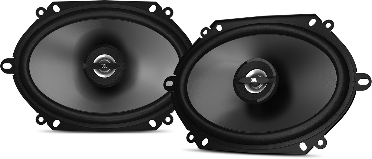 Altoparlanti ovali per auto da 6x8 pollici, modello JBL GT7-86, casse 15x20 cm coassiali a 2 vie, con woofer ellittici e tweeter, per installazione nella predisposizione delle portiere. Vista principale.