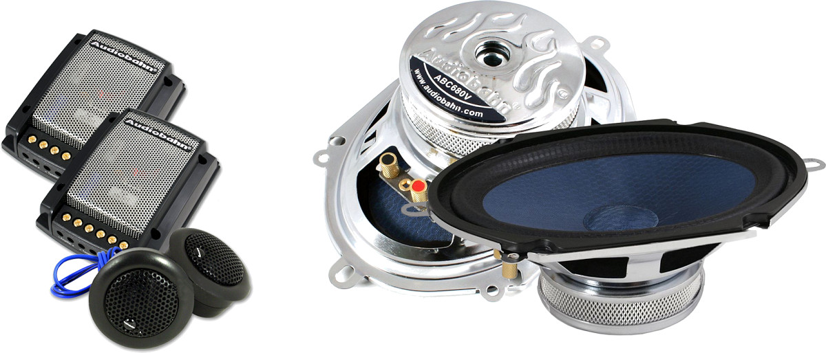 Altoparlanti ovali per auto da 6x8 pollici, kit 2 vie a componenti separati, modello Audiobahn ABC680V, con woofer ellittici 15x20 cm, tweeter e filtri crossover, per installazione nella predisposizione delle portiere oppure a pannello pianale sulla cappelliera. Vista principale.
