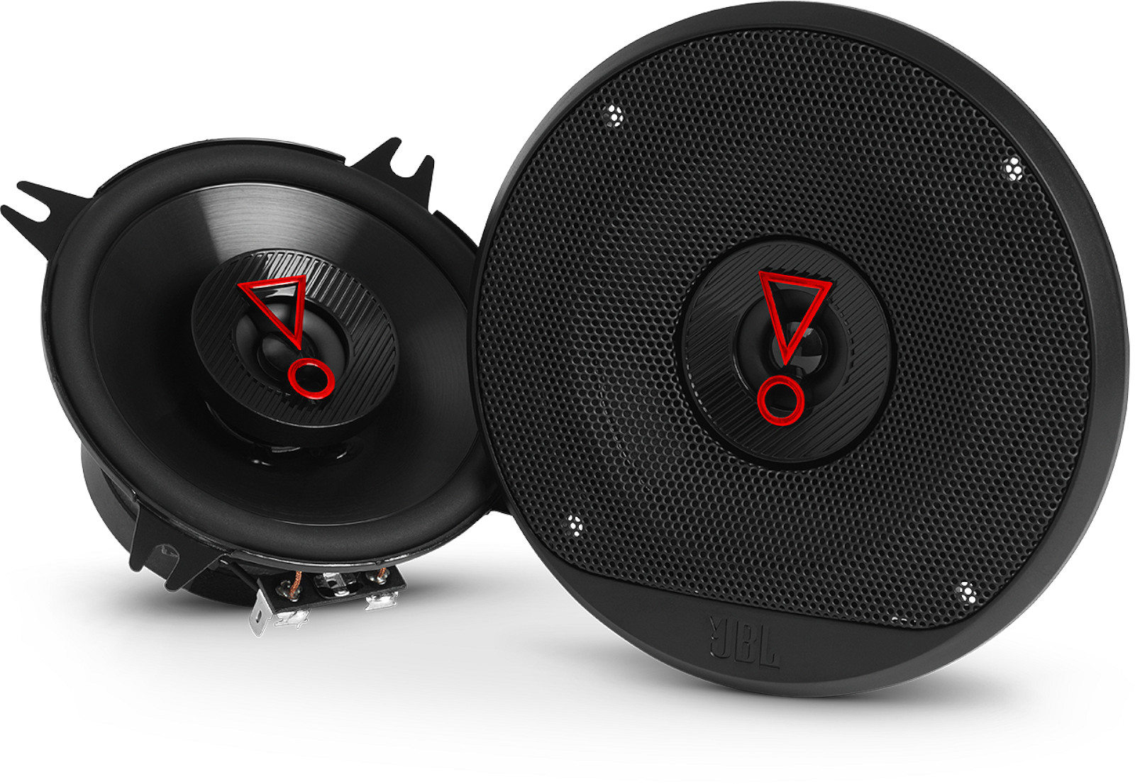Altoparlanti per auto da 10 cm, modello JBL Stage3 427, casse a 2 vie coassiali, con woofer diametro 100 mm (4 pollici) e tweeter, per installazione nella predisposizione delle portiere oppure su pannello personalizzato. Vista principale.