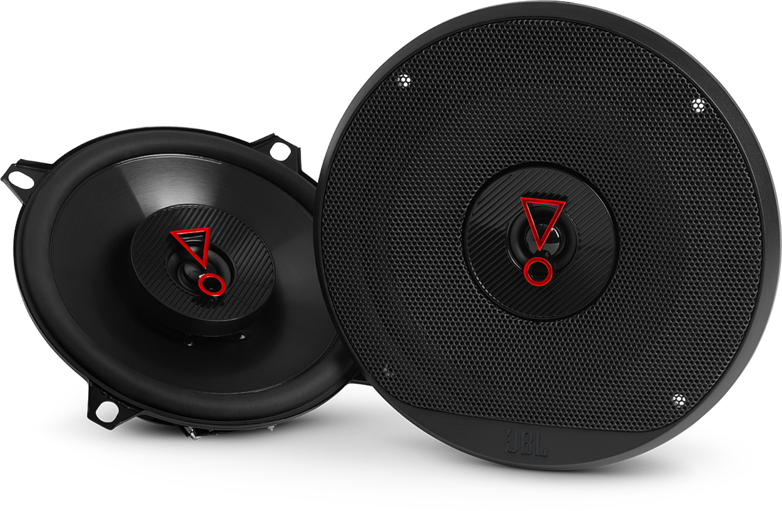 Altoparlanti per auto da 13 cm, modello JBL Stage3 527, casse a 2 vie coassiali, con woofer diametro 130 mm (5.25 pollici) e tweeter, per installazione nella predisposizione delle portiere oppure a pannello pianale sulla cappelliera. Vista principale.