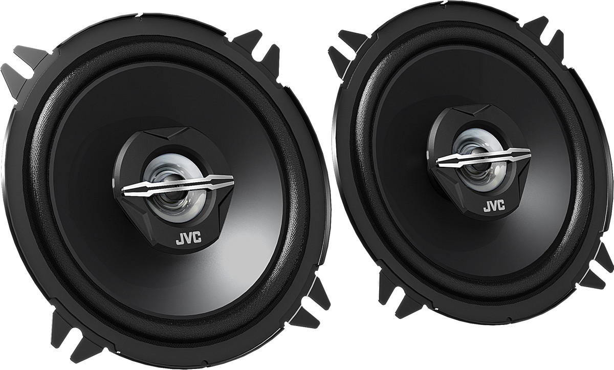 Altoparlanti per auto da 13 cm, modello JVC CS-J520X, casse a 2 vie coassiali, con woofer diametro 130 mm (5.25 pollici) e tweeter, per installazione nella predisposizione delle portiere oppure a pannello pianale sulla cappelliera. Vista principale.