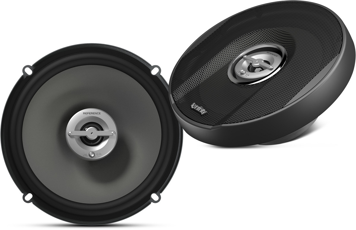 Altoparlanti per auto da 165 mm, modello Infinity REF-6502ix, casse coassiali a 2 vie, con woofer diametro 16,5 cm (6.5 pollici) e tweeter, per installazione nella predisposizione delle portiere oppure a pannello pianale sulla cappelliera. Vista principale.