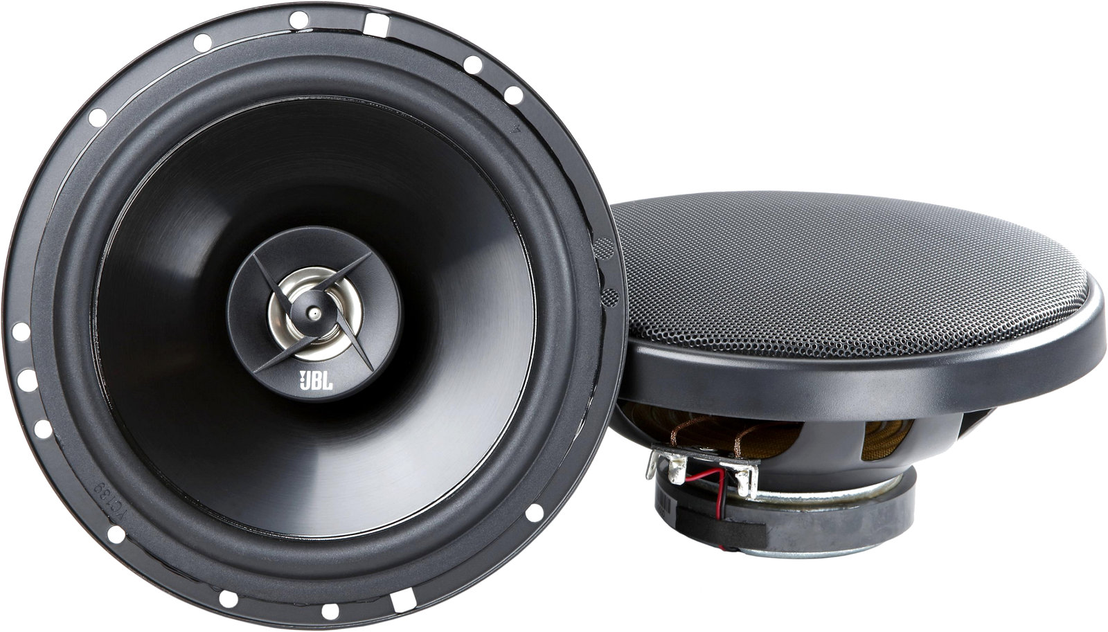 Altoparlanti per auto da 165 mm, modello JBL Stage 602E, casse coassiali a 2 vie, con woofer diametro 16,5 cm (6.5 pollici) e tweeter, per installazione nella predisposizione delle portiere oppure a pannello pianale sulla cappelliera. Vista principale.