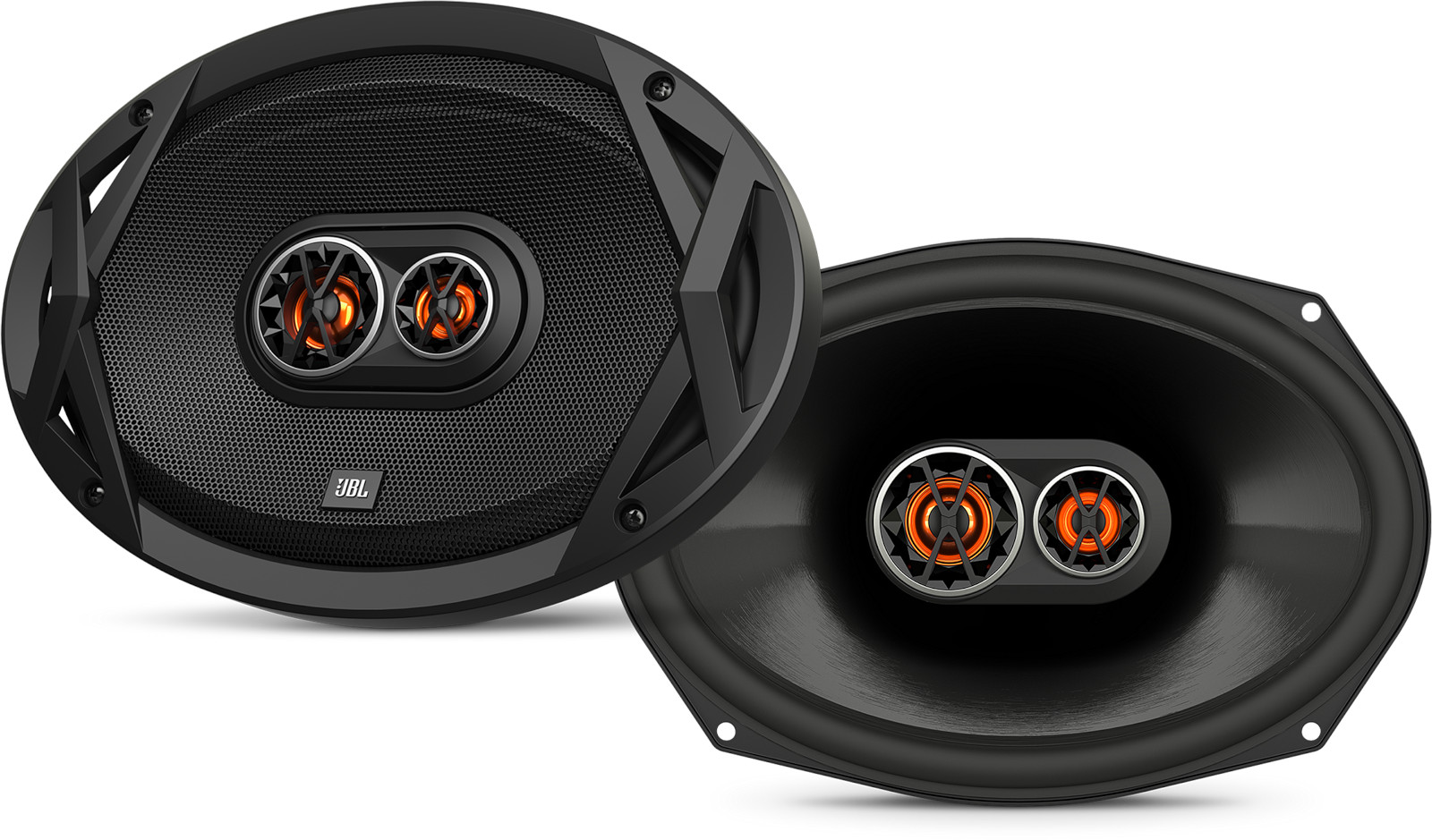 Altoparlanti ovali per auto da 6x9 pollici, modello JBL Club 9630, casse a 3 vie coassiali, con woofer ellittici 15x23 cm, midrange e tweeter, per installazione nella predisposizione delle portiere oppure a pannello pianale sulla cappelliera. Vista principale.