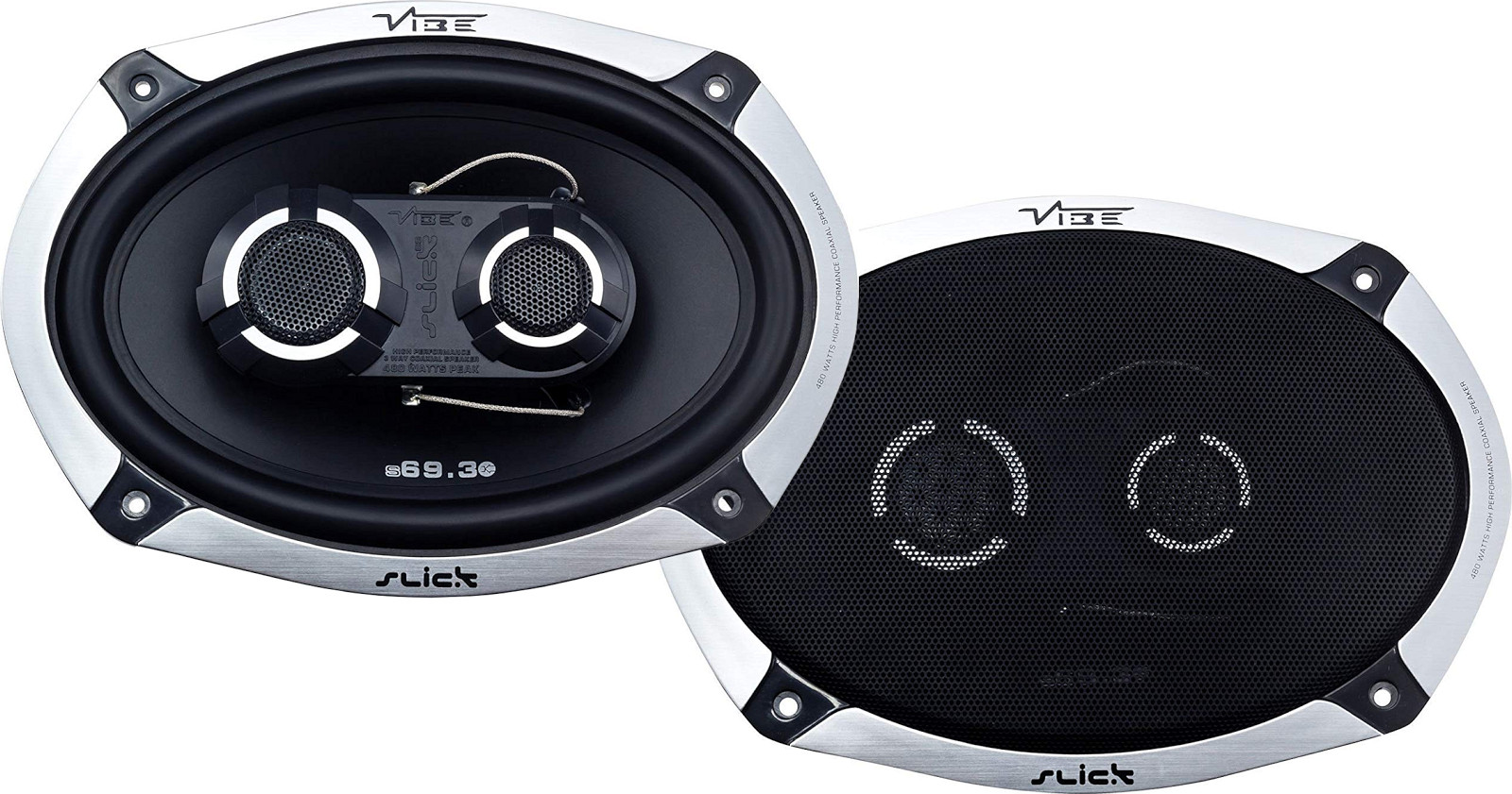 Altoparlanti ovali per auto da 6x9 pollici, modello Vibe Slick 69.3 v4, casse a 3 vie coassiali, con woofer ellittici 15x23 cm, midrange e tweeter, per installazione nella predisposizione delle portiere oppure a pannello pianale sulla cappelliera. Vista principale.