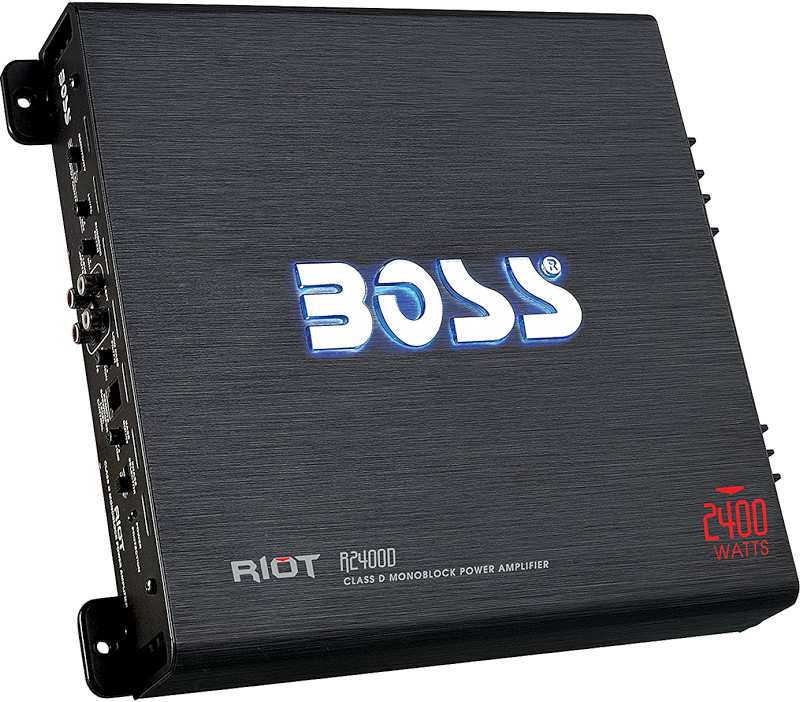 Amplificatore per auto, ad 1 canale mono, modello Boss R2400D, finale specifico per subwoofer. Vista principale.