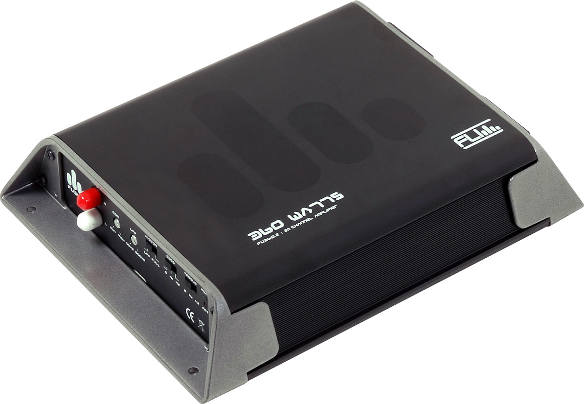 Amplificatore per auto a 2 canali stereo, modello FLI Audio FU360.2 (f1), finale in classe ab, configurabile anche ad 1 canale mono, per pilotare altoparlanti o subwoofer. Vista principale.