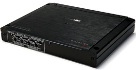 Amplificatore auto a 4 canali stereo, modello Kenwood XR400-4, finale in classe d, configurabile anche a 3 o 2 canali, con filtri passa basso e alto, per pilotare altoparlanti e subwoofer contemporaneamente. Dettaglio del pannello di controllo (livelli e filtri).