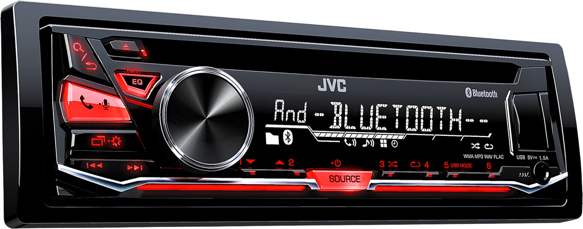 Autoradio 1 din stereo, modello JVC KD-R774BT, vivavoce bluetooth, lettore cd, porta usb, ingresso audio aux-in, uscite pre-out rca e per subwoofer, illuminazione tasti colore rosso. Vista frontalino accesa.