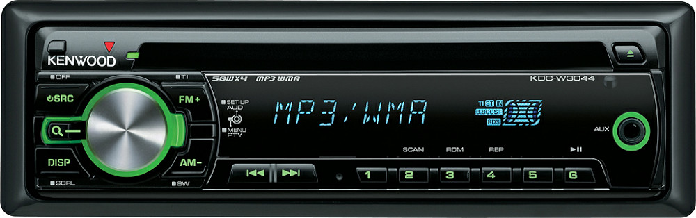 Autoradio 1 din, lettore cd, ingresso audio aux-in, uscite pre-out rca, illuminazione tasti colore verde, modello Kenwood KDC-W3044G. Vista frontalino accesa.