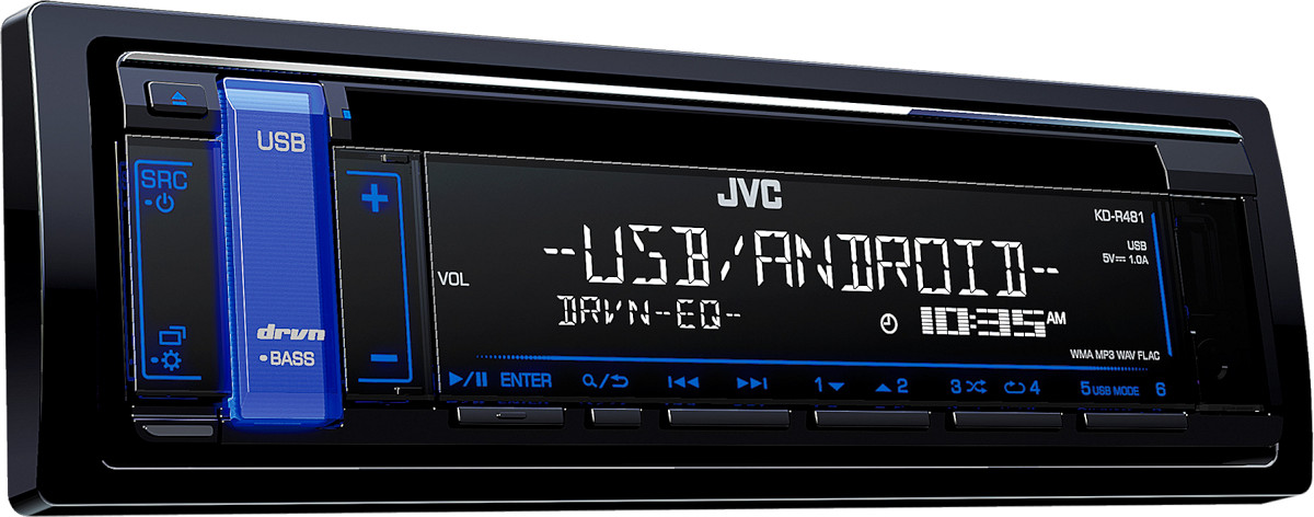 Autoradio 1 din stereo, modello JVC KD-R481, lettore cd, porta usb, ingresso audio aux-in, uscite pre-out rca e per subwoofer, illuminazione tasti colore blu. Vista frontalino accesa.