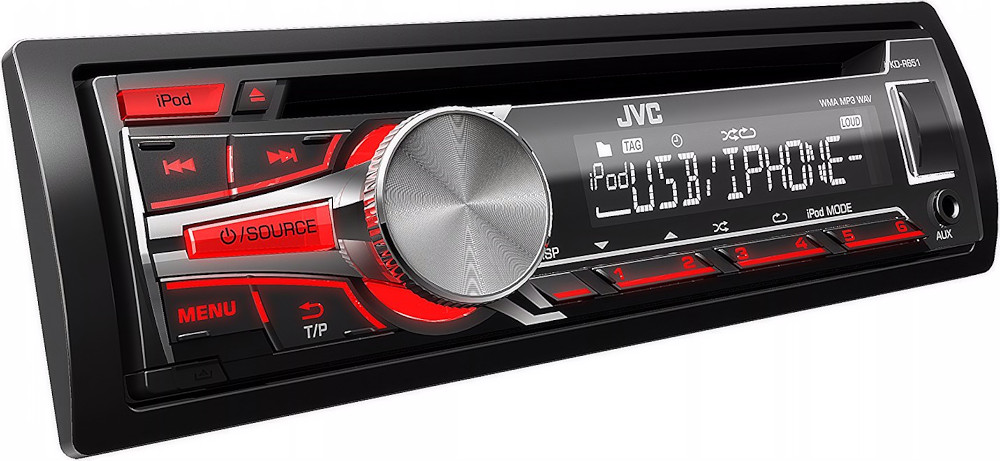 Autoradio 1 din, lettore cd, porta usb, ingresso audio aux-in, uscite pre-out rca e per subwoofer, illuminazione tasti colore rosso, modello JVC KD-R651. Vista frontalino accesa.
