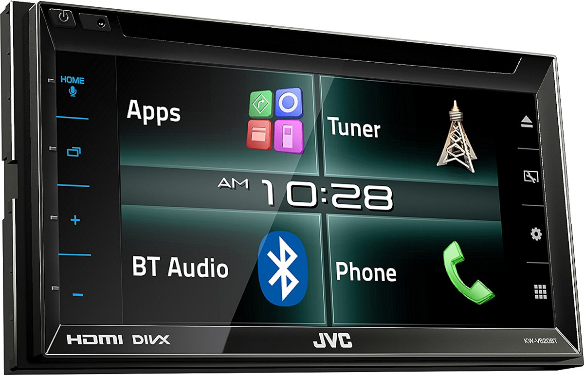 Autoradio monitor 2 din, bluetooth per vivavoce e streaming, lettore dvd, porta usb, hdmi con mhl, modello JVC KW-V620BT, schermo led auto, ingresso e uscita audio/video, 3 uscite pre-out rca per amplificatori e subwoofer, illuminazione tasti colori variabili modificabili, compatibile retrocamera, mp3 mp4 divx. Vista frontalino accesa.