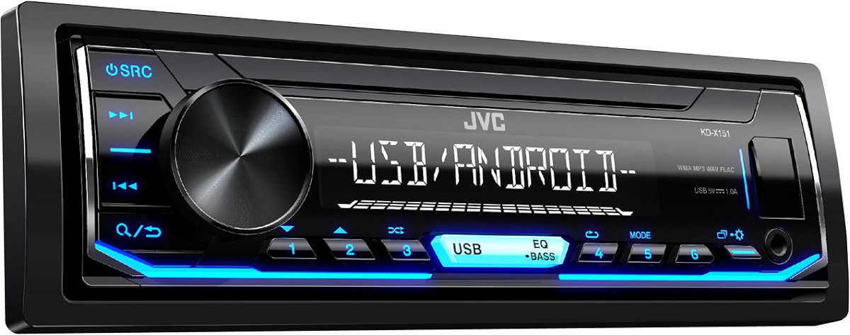 Autoradio 1 din stereo, modello JVC KD-X151, porta usb, ingresso audio aux-in, uscite pre-out rca e per subwoofer, illuminazione tasti colore blu. Vista frontalino accesa.