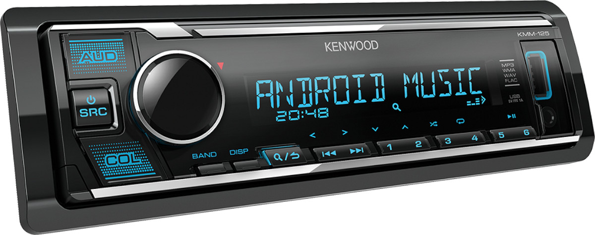 Autoradio 1 din, stereo per auto, modello Kenwood KMM-125, porta usb compatibile iphone e smartphone android, ingresso audio aux-in, 2 uscite pre-out rca e uscita per subwoofer, illuminazione tasti e display dai colori modificabili. Vista frontalino accesa.