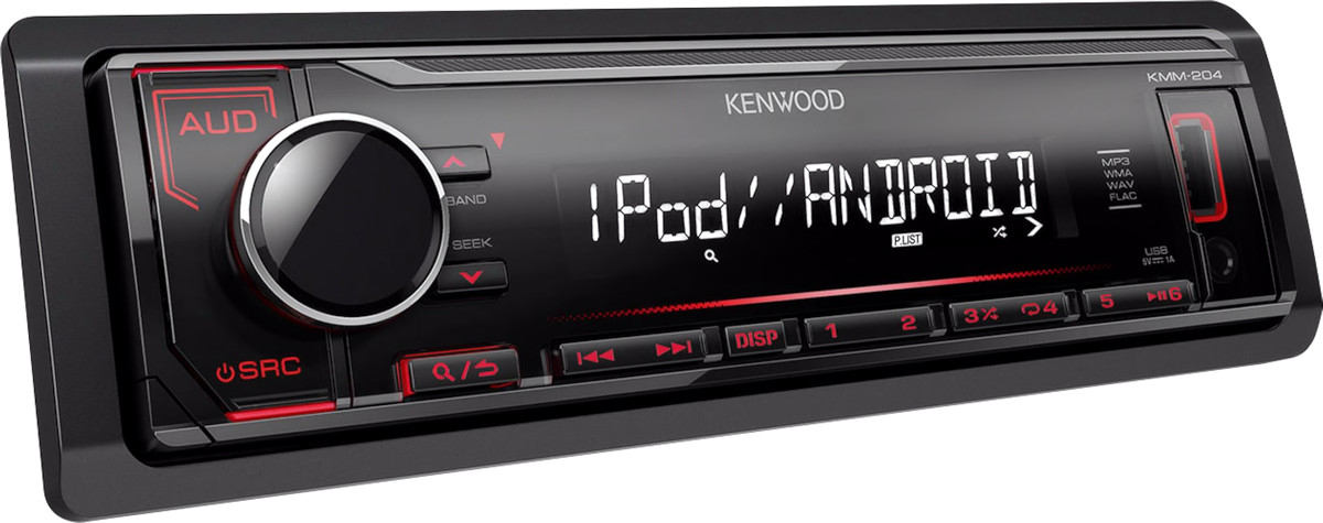 Autoradio 1 din, stereo per auto, modello Kenwood KMM-204, porta usb compatibile iphone e smartphone android, ingresso audio aux-in, uscite pre-out rca o uscita per subwoofer, illuminazione tasti rosso. Vista frontalino accesa.