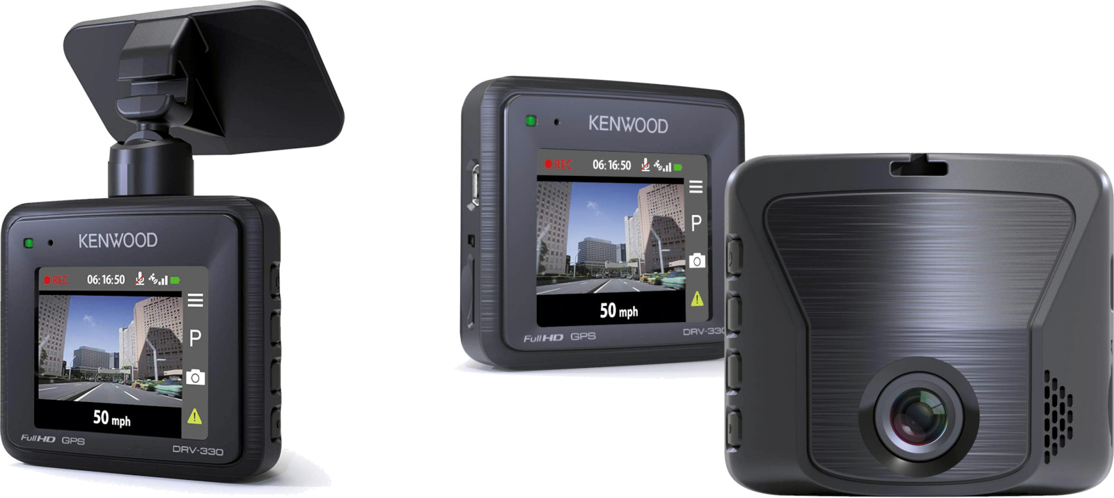 Dash cam per auto furgone camper, full hd, gps, sensore urti forza g (accelerometro a 3 assi), display lcd da 2 pollici a colori, modello Kenwood DRV-330, con attivazione automatica incidente e salvataggio dell'evento, sorveglianza parcheggio in caso d'urto, software gratuito per contestualizzare le immagini sulla mappa. Varie viste, anteriore e posteriore.