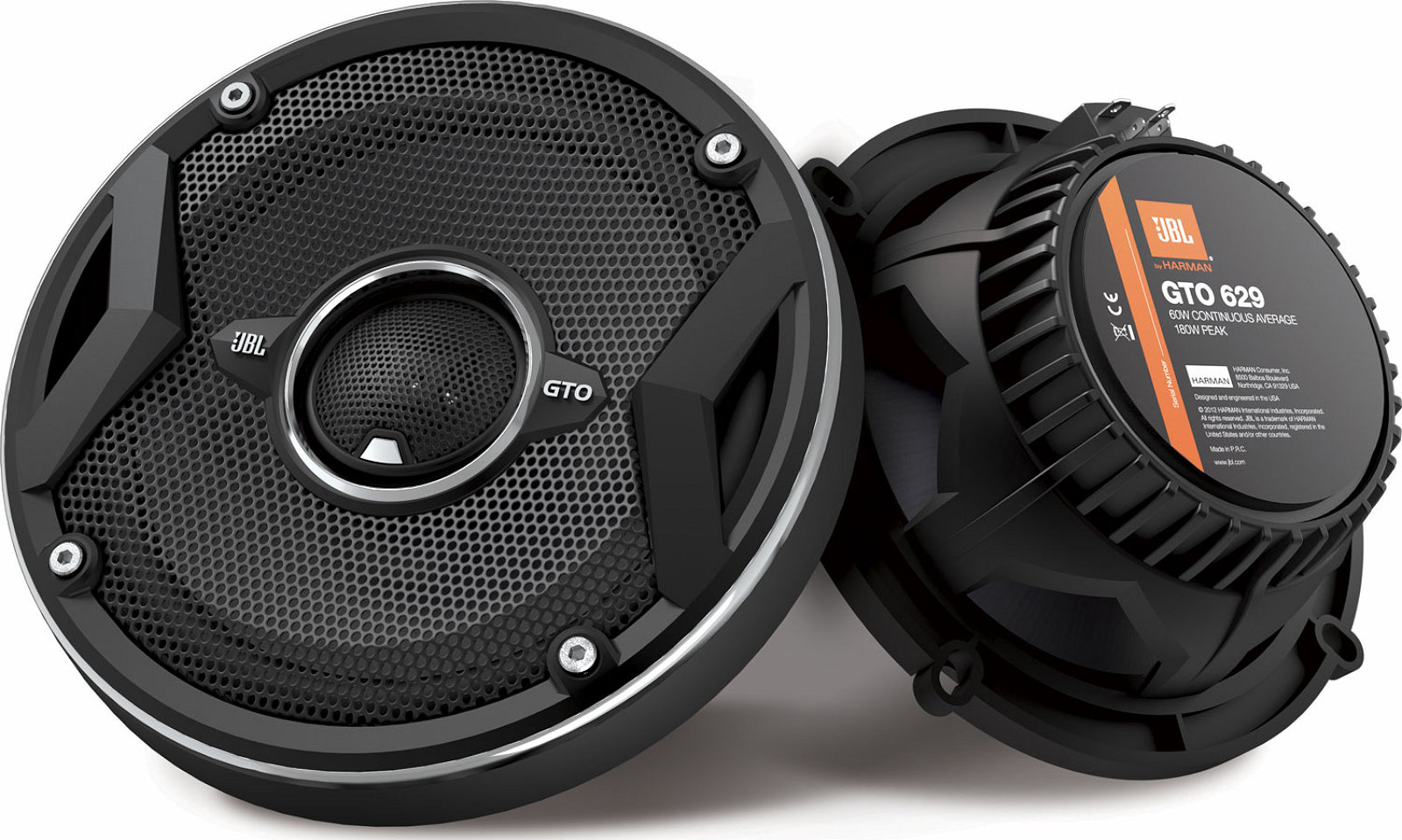 Altoparlanti per auto da 165 mm, modello JBL GTO629, casse a 2 vie coassiali, con woofer diametro 16,5 cm (6.5 pollici) e tweeter, per installazione nelle predisposizioni delle portiere oppure a pannello pianale sulla cappelliera. Vista principale.