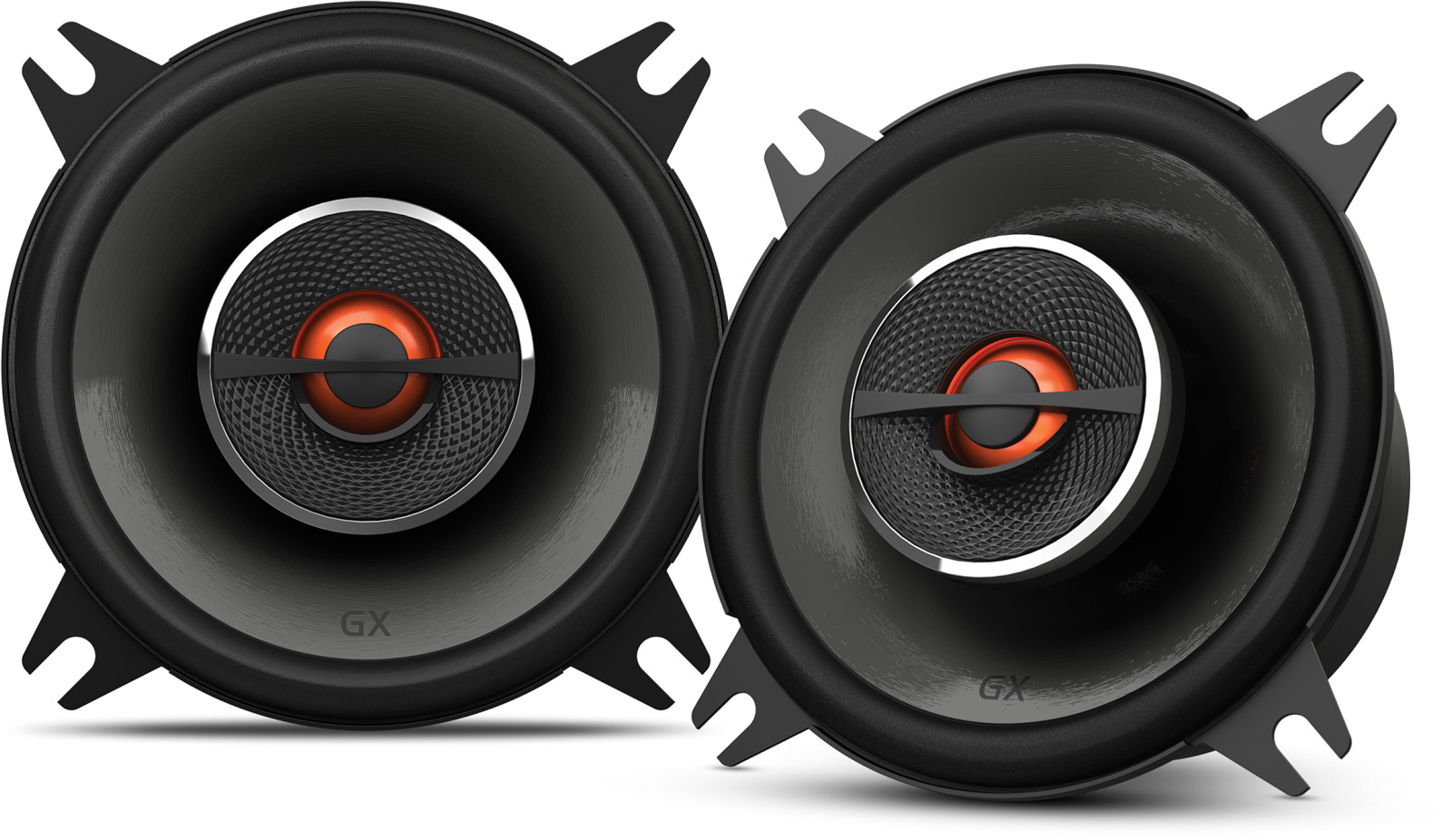 Altoparlanti per auto da 10 cm, modello JBL GX402, casse a 2 vie coassiali, con woofer diametro 100 mm (4 pollici) e tweeter, per installazione nella predisposizione delle portiere, cruscotto, tasche o pannello personalizzato. Vista principale.