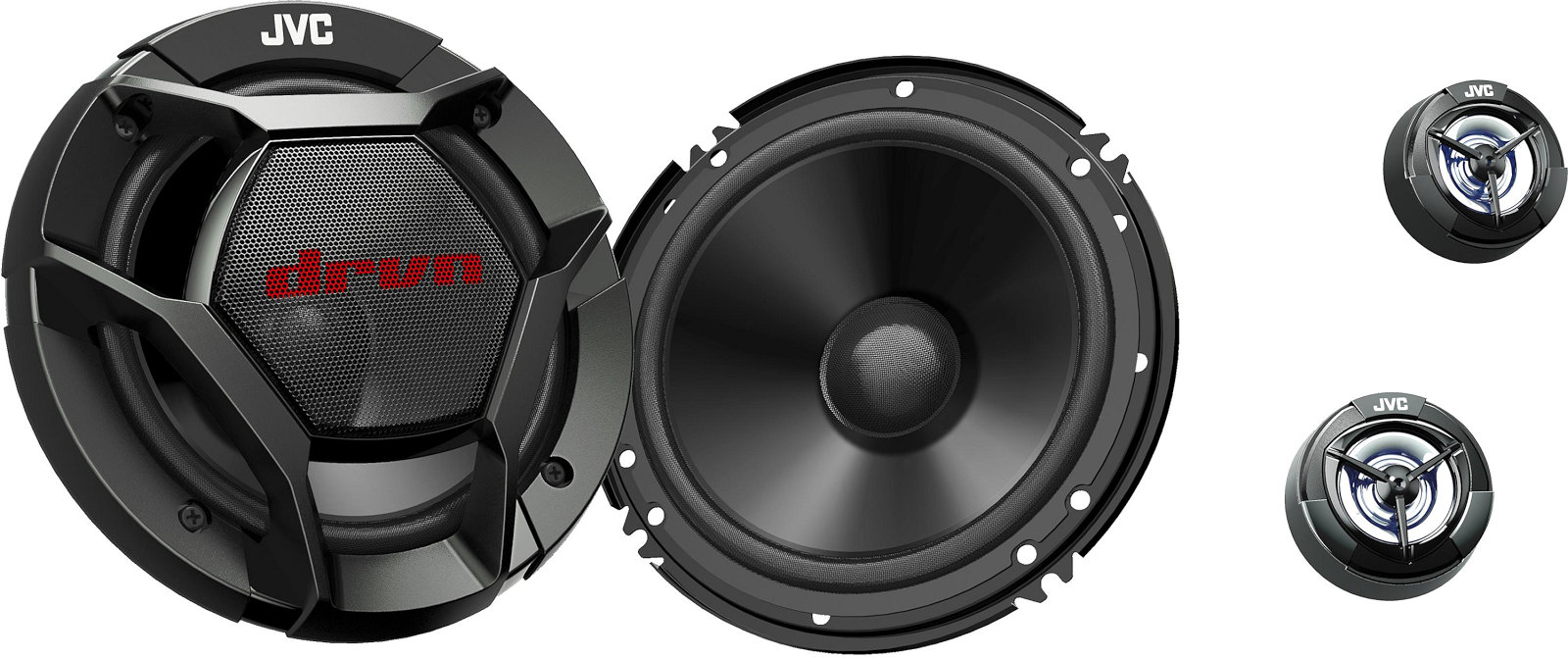 Altoparlanti per auto da 165 mm, kit 2 vie a componenti separati, modello JVC CS-DR1700C, casse con woofer diametro 16,5 cm (6.5 pollici), tweeter e filtri, per installazione nella predisposizione delle portiere oppure a pannello pianale sulla cappelliera. Vista principale.