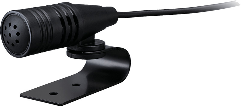 Microfono esterno per autoradio e sintomonitor bluetooth, piccolo e sottile, modello Kenwood KCA-MC10, con cavo prolunga (connettore sub-mini jack da 2,5 mm) e clip di aggancio per l'aletta parasole, posizionabile a piacere. Vista principale.
