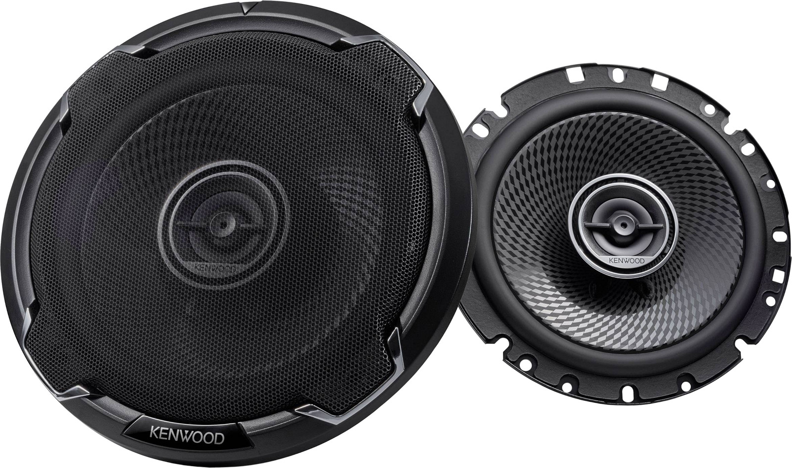 Altoparlanti per auto da 165 mm, modello Kenwood KFC-PS1796, casse a 2 vie coassiali, con woofer diametro 16,5 cm (6.5 pollici) e tweeter, per installazione nella predisposizione delle portiere oppure a pannello pianale sulla cappelliera. Vista principale.