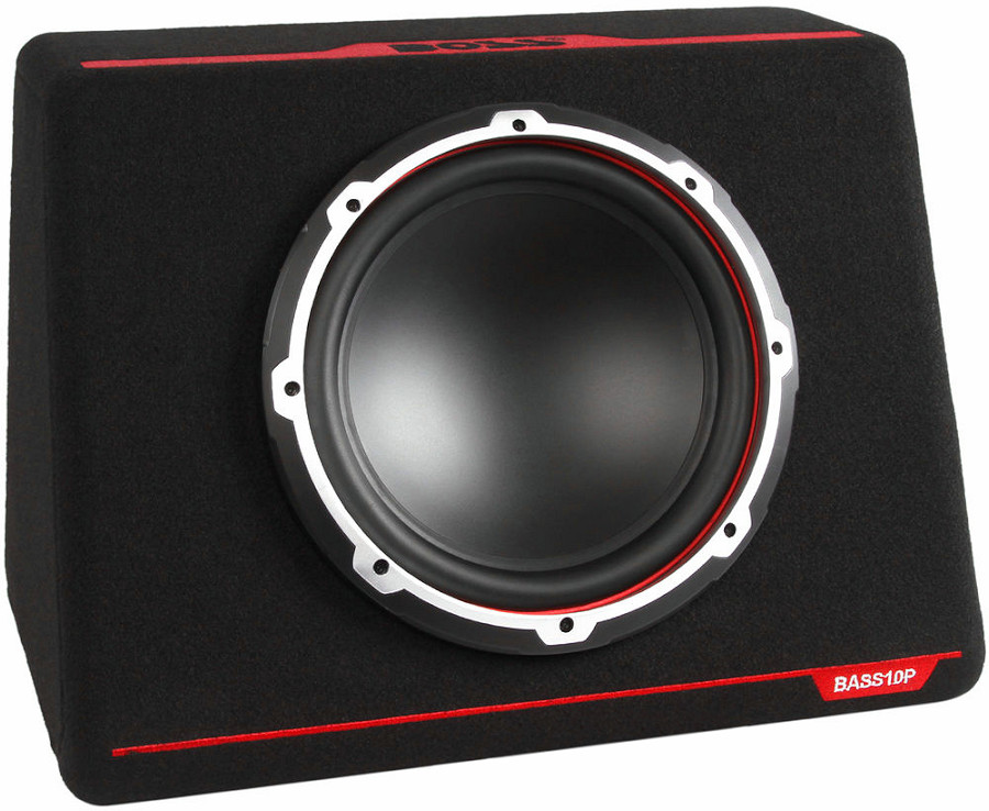 Subwoofer per auto da 25 cm, in cassa chiusa, modello Boss BASS10P, sub woofer passivo 10 pollici, bass box in mdf rivestito moquette, per installazione nel baule portabagagli. Vista principale anteriore.