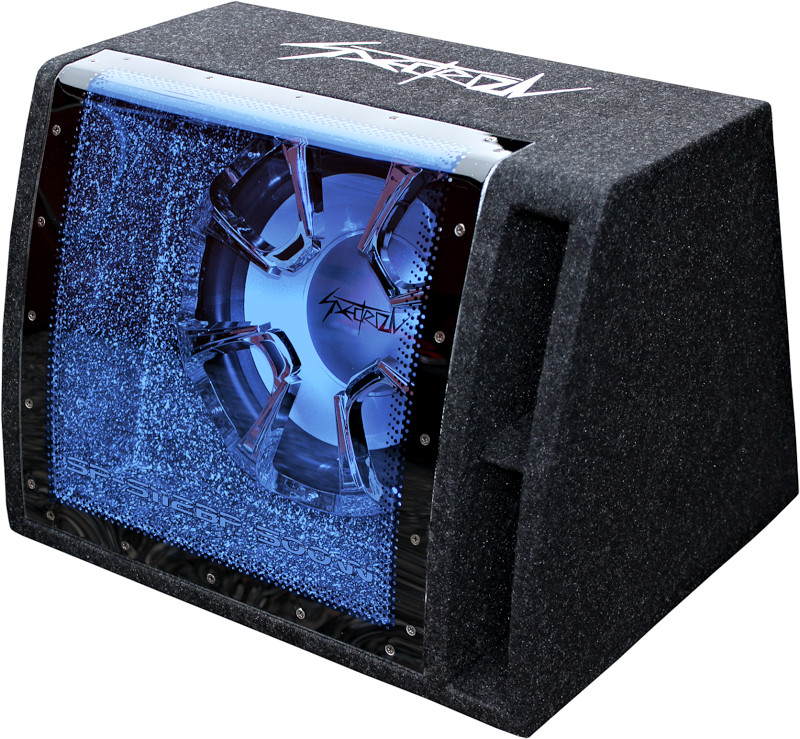 Subwoofer per auto da 30 cm, in cassa passa banda, modello Spectron SP-S112BP, sub woofer passivo 12 pollici, bass box in mdf rivestito moquette, con finestra e illuminazione led blu, per installazione nel baule portabagagli. Vista principale anteriore.