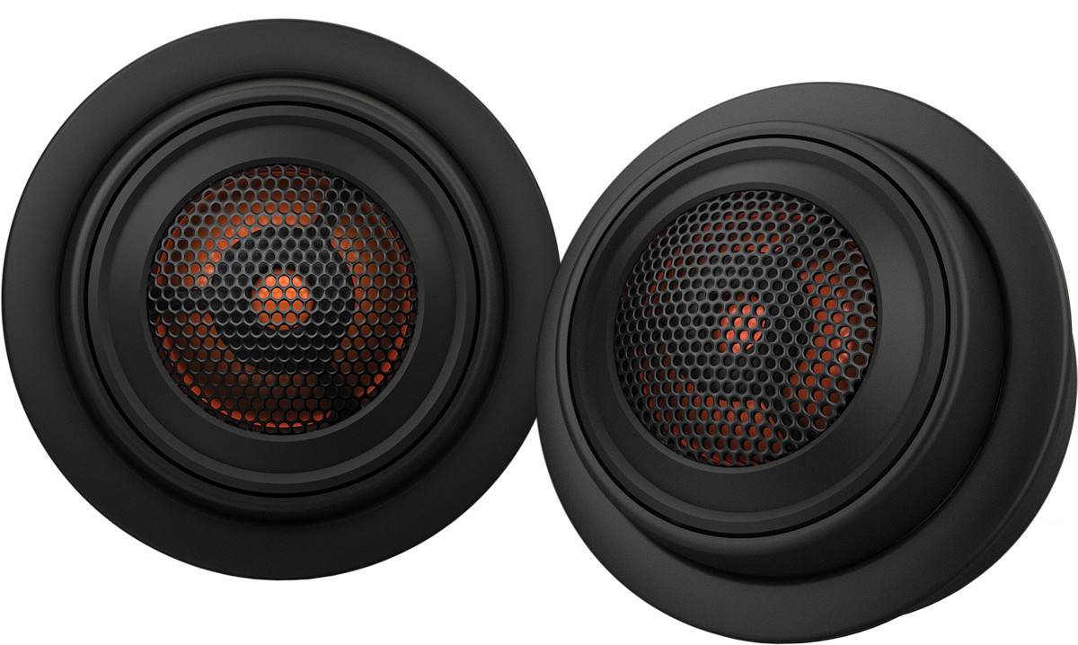 Tweeter per auto, modello JBL Club 750T, piccoli sottili universali, con filtri crossover e vari accessori per installazione in predisposizione portiera e cruscotto, oppure a vista sul montante. Vista principale.